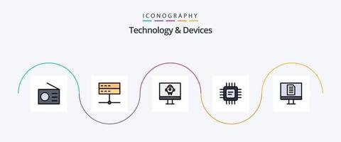Devices Line Filled Flat 5 Icon Pack Including document. processor. signal. devices. chip vector