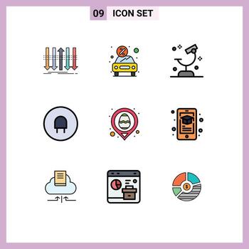 Editable Vector Line Pack of 9 Simple Filledline Flat Colors of plug charge present science microscope Editable Vector Design Elements