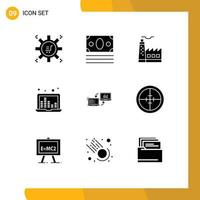 9 Thematic Vector Solid Glyphs and Editable Symbols of business sound waves building sound frequency laptop Editable Vector Design Elements