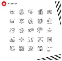 User Interface Pack of 25 Basic Lines of social network ad real building Editable Vector Design Elements