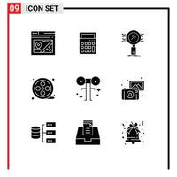 Modern Set of 9 Solid Glyphs Pictograph of eyed reel analysis movie reel security Editable Vector Design Elements