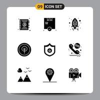 Solid Glyph Pack of 9 Universal Symbols of call diversion shield rocket sheriff science Editable Vector Design Elements