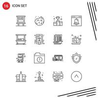 Pack of 16 Modern Outlines Signs and Symbols for Web Print Media such as interface alert food alarm medal Editable Vector Design Elements