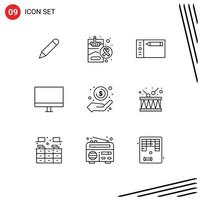 Pack of 9 Modern Outlines Signs and Symbols for Web Print Media such as cash hardware design gadget computers Editable Vector Design Elements