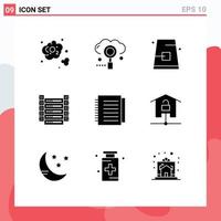 Pack of 9 creative Solid Glyphs of servers data search big data fall Editable Vector Design Elements