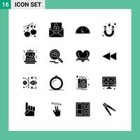 Group of 16 Modern Solid Glyphs Set for food cake performance study magnet Editable Vector Design Elements