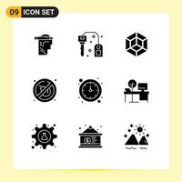 Pack of 9 Modern Solid Glyphs Signs and Symbols for Web Print Media such as watch clock voxels place fire Editable Vector Design Elements