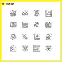 Mobile Interface Outline Set of 16 Pictograms of surveillance online hand watch monitor contacts Editable Vector Design Elements