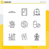 Pack of 9 Modern Outlines Signs and Symbols for Web Print Media such as rostrum classroom exit telemedicine health Editable Vector Design Elements