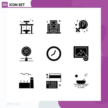 Group of 9 Modern Solid Glyphs Set for clock owner youtube find content Editable Vector Design Elements