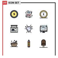 Mobile Interface Filledline Flat Color Set of 9 Pictograms of molecule travel coin guide map Editable Vector Design Elements