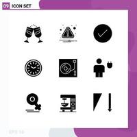 Pack of 9 Modern Solid Glyphs Signs and Symbols for Web Print Media such as time dinner attention clock okay Editable Vector Design Elements