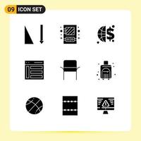 Set of 9 Vector Solid Glyphs on Grid for home chair global invesment user left Editable Vector Design Elements