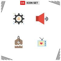 Modern Set of 4 Flat Icons and symbols such as gear over preferences speaker television Editable Vector Design Elements