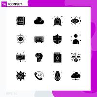 Mobile Interface Solid Glyph Set of 16 Pictograms of electric shinning cap beach sea food Editable Vector Design Elements