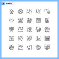 User Interface Pack of 25 Basic Lines of chat heart cheese health development Editable Vector Design Elements