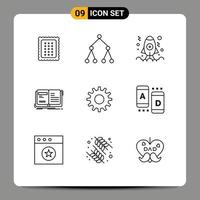 9 User Interface Outline Pack of modern Signs and Symbols of cog story app open author Editable Vector Design Elements