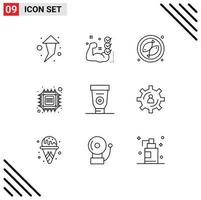 Set of 9 Vector Outlines on Grid for equipment tech camping smart computer Editable Vector Design Elements