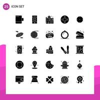 Pictogram Set of 25 Simple Solid Glyphs of space rotation surveillance target aim Editable Vector Design Elements