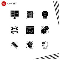 9 Thematic Vector Solid Glyphs and Editable Symbols of web wrench mutton tool badge Editable Vector Design Elements