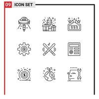 Set of 9 Vector Outlines on Grid for drum dollar present gear cog Editable Vector Design Elements