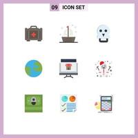 9 User Interface Flat Color Pack of modern Signs and Symbols of marketplace computer skull worldwide earth Editable Vector Design Elements