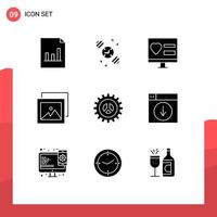 Editable Vector Line Pack of 9 Simple Solid Glyphs of web design seo love options gallery Editable Vector Design Elements