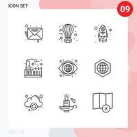 Pack of 9 Modern Outlines Signs and Symbols for Web Print Media such as look globe launch industry factory Editable Vector Design Elements