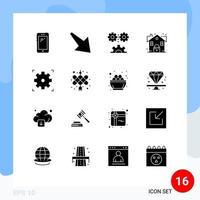 Modern Set of 16 Solid Glyphs Pictograph of cinema real applied science lock technology Editable Vector Design Elements