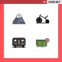 Editable Vector Line Pack of 4 Simple Filledline Flat Colors of mountains trailer sun bicycle wagon Editable Vector Design Elements