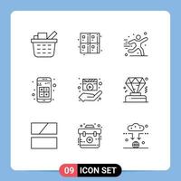 Mobile Interface Outline Set of 9 Pictograms of film interaction hobby calculator app Editable Vector Design Elements