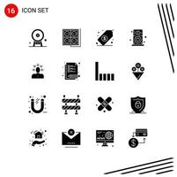 Group of 16 Solid Glyphs Signs and Symbols for speaker hardware socket audio dollar Editable Vector Design Elements