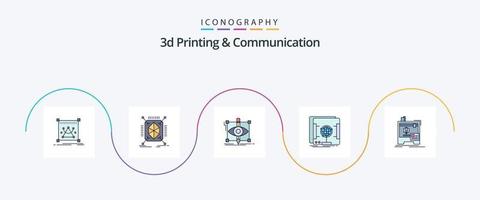 3d impresión y comunicación línea lleno plano 5 5 icono paquete incluso escanear. dimensional. estructurado. dibujo 3d vector