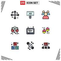 Pictogram Set of 9 Simple Filledline Flat Colors of social media education audio drink Editable Vector Design Elements