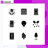 9 Thematic Vector Solid Glyphs and Editable Symbols of basic light construction mobile application Editable Vector Design Elements