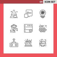 Pack of 9 Modern Outlines Signs and Symbols for Web Print Media such as logic favorite light database flower Editable Vector Design Elements