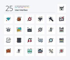 User Interface 25 Line Filled icon pack including torch. flash. off. sort. filter vector