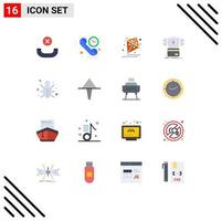 Mobile Interface Flat Color Set of 16 Pictograms of network bug fly hack card Editable Pack of Creative Vector Design Elements