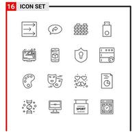 Modern Set of 16 Outlines and symbols such as design technology protection products dongle Editable Vector Design Elements