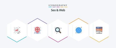 Seo and Web 25 Flat icon pack including web. network server. research. hosting. seo vector