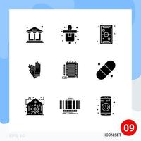 Pack of 9 Modern Solid Glyphs Signs and Symbols for Web Print Media such as notepad construction fun building recreation Editable Vector Design Elements