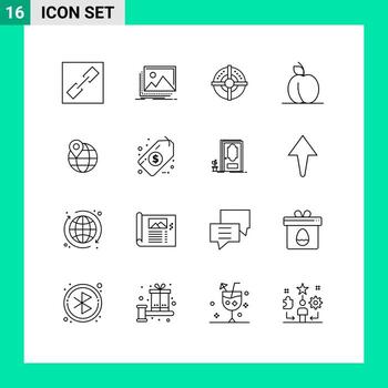 Set of 16 Vector Outlines on Grid for globe location target fruit apricot Editable Vector Design Elements