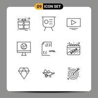 Mobile Interface Outline Set of 9 Pictograms of develop network video internet computer Editable Vector Design Elements