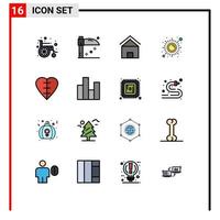 Universal Icon Symbols Group of 16 Modern Flat Color Filled Lines of heart shape yoga home sun health Editable Creative Vector Design Elements