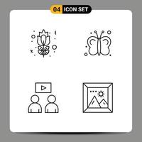 Mobile Interface Line Set of 4 Pictograms of blossom watch rose insects gallery Editable Vector Design Elements