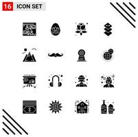 16 Thematic Vector Solid Glyphs and Editable Symbols of moustache mountain leaves landscape plane Editable Vector Design Elements