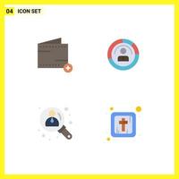 Group of 4 Modern Flat Icons Set for add profile wallet human business Editable Vector Design Elements