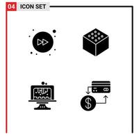 Modern Set of 4 Solid Glyphs Pictograph of arrow accounting cube birthday cashless Editable Vector Design Elements