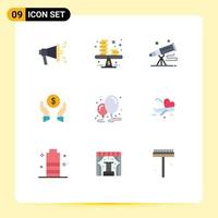 9 User Interface Flat Color Pack of modern Signs and Symbols of balloon money binoculars finance insurance space Editable Vector Design Elements