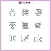 User Interface Pack of 9 Basic Outlines of crown rack technology hosting love Editable Vector Design Elements